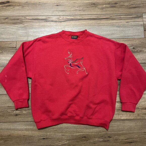 Christmas Reindeer Sweatshirt Adult XL Red Embroidered USA Made Holiday Vintage - Picture 1 of 8